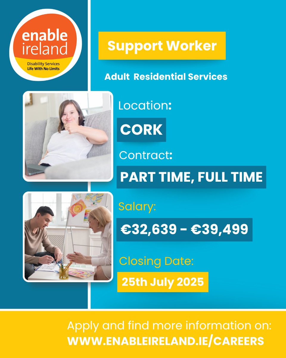 EnableIreland's tweet image. 🌟We’re hiring for roles in our adult & children’s services across Ireland! Join us to make a difference in an inclusive, supportive environment. Find vacancies: enable-ireland.rezoomo.com #JobsIreland #Vacancies