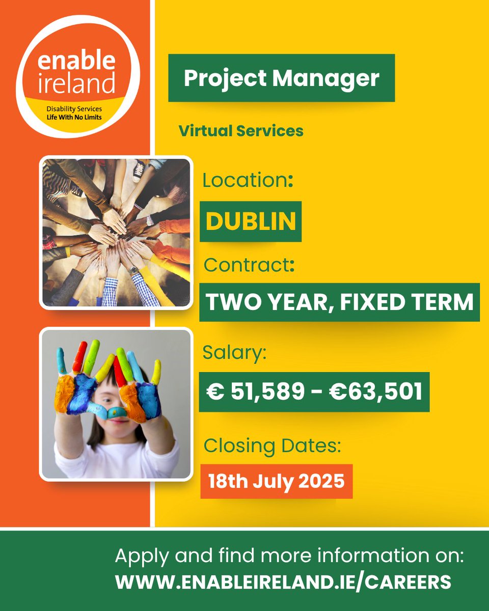 EnableIreland's tweet image. 🌟We’re hiring for roles in our adult & children’s services across Ireland! Join us to make a difference in an inclusive, supportive environment. Find vacancies: enable-ireland.rezoomo.com #JobsIreland #Vacancies
