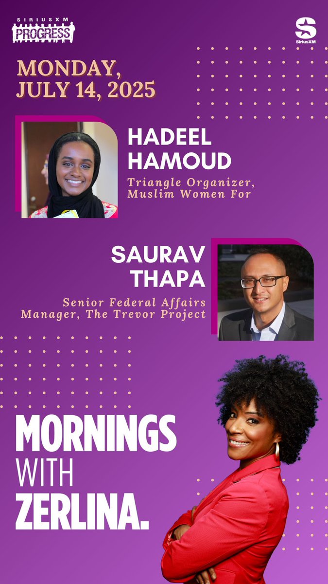ZerlinaMornings's tweet image. Happy Monday! Joining Zerlina: Hadeel Hamoud, Triangle Organizer at @muslimwomenfor + Saurav Thapa, Senior Federal Affairs Manager at @TrevorProject!
☎️ 866-997-4748
📻 @SiriusXMProg Ch. 127
siriusxm.us/Zerlina