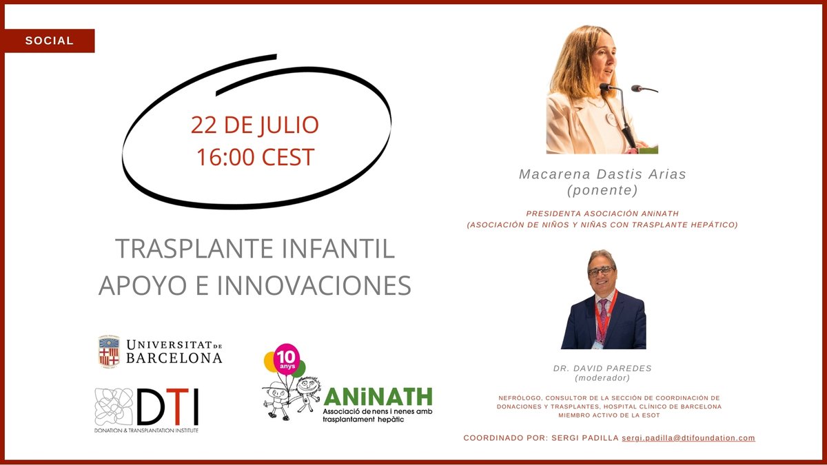 👶 ¿Qué implica vivir un trasplante infantil?
🗓️ 22 de julio | 16:00 CEST
🎙️ Con Macarena Dastis (@ANiNATH) y el Dr. David Paredes.
Hablamos de apoyo, innovación y vida.
📩 Regístrate gratis:
🔗 us06web.zoom.us/webinar/regist…
#TrasplanteInfantil #DonaciónÓrganos #WebinarDTI