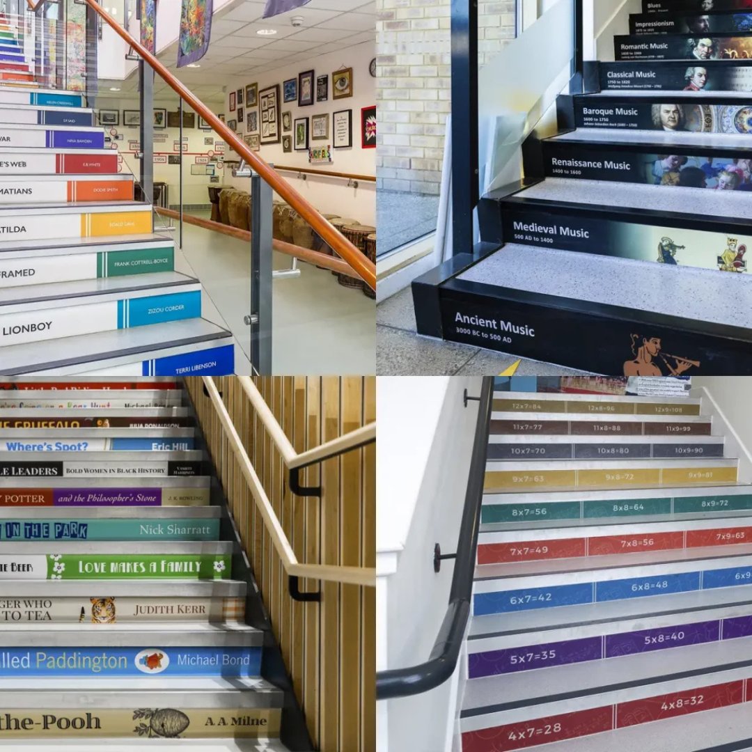 Step risers can reinforce key curriculum content and support visual learners. Whether you want to focus on STEM, literacy, wellbeing messages or school values, steps provide a unique opportunity to make learning visible and accessible: tinyurl.com/5dfxr8f4