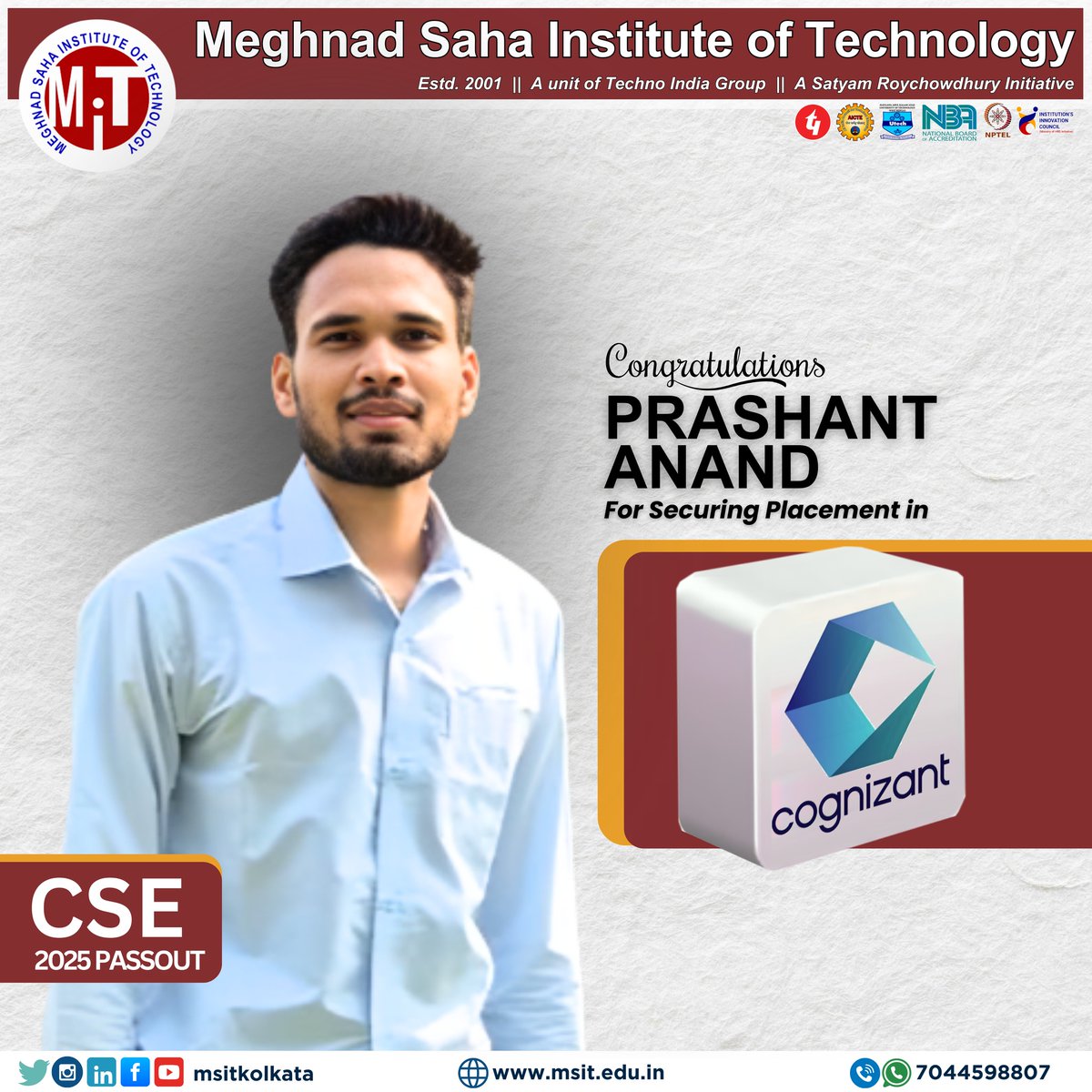 msitkolkata's tweet photo. 🌟 Prashant Anand joins the CTS league!

Big cheers to Prashant from CSE, MSIT, for securing a placement at @Cognizant . From cracking code to interviews, your journey inspires!

Keep pushing boundaries — the world of tech awaits you. 🚀👏 https://t.co/AjPrQnl0o6