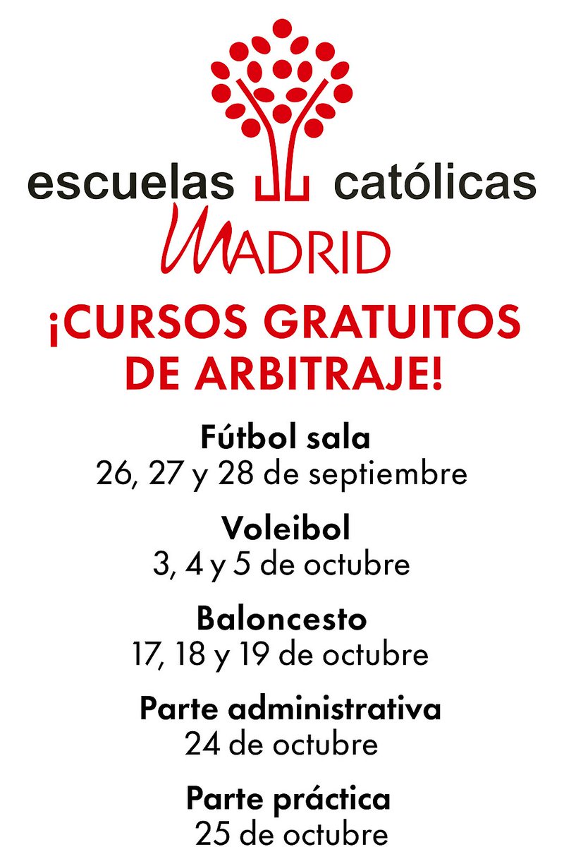 DeportesECM (@deportesecm) on Twitter photo 💥CURSOS DE ÁRBITRO
Ya son oficiales las fechas de los cursos de árbitro para los XXXVII Juegos Deportivos de <a href="/ecatolicmadrid/">Escuelas Católicas Madrid</a>
⚽️26-27-28 de septiembre.
🏐3-4-5 de octubre.
🏀17-18-19 de octubre.
Repesca (única oportunidad): 30 de octubre.
🔜Comienzo de la temporada: 7-8-9 de 💥CURSOS DE ÁRBITRO
Ya son oficiales las fechas de los cursos de árbitro para los XXXVII Juegos Deportivos de <a href="/ecatolicmadrid/">Escuelas Católicas Madrid</a>
⚽️26-27-28 de septiembre.
🏐3-4-5 de octubre.
🏀17-18-19 de octubre.
Repesca (única oportunidad): 30 de octubre.
🔜Comienzo de la temporada: 7-8-9 de