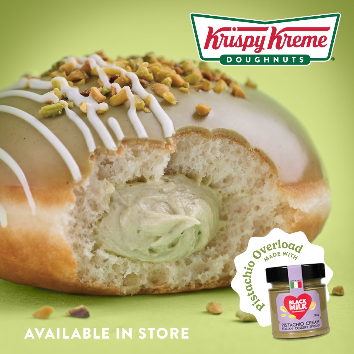 Due to popular demand, Krispy Kreme's Pistachio Overload doughnut is BACK from today!  💚🍩 

These indulgent doughnuts are topped with BLACK MILK™ Pistachio Cream and candied pistachio nibs, filled with pistachio Kreme.

Grab yours over on The Moor Sheffield today! 😋
