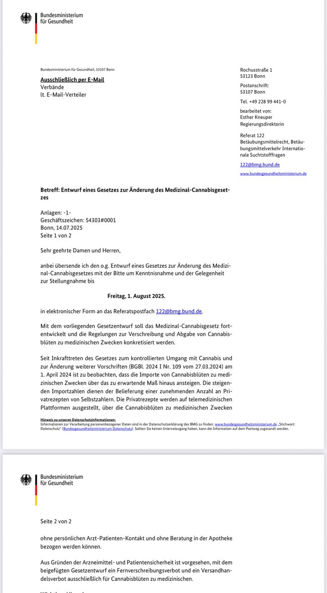 Hasso Suliak🇪🇺🇺🇦 (@hassosuliak) on Twitter photo "Fernverschreibungs- und Versandhandelsverbot“: BMin <a href="/ninawarken/">Nina Warken</a> will das Med.-#Cannabis|G ändern. Verschreibung nur noch nach persönlichem Kontakt zwischen Arzt und Patient: <a href="/BMG_Bund/">Bundesgesundheitsministerium</a> hat heute ReferentenE an die Verbände geschickt . Stellungnahme bis 1.8. möglich.
#Weedmob "Fernverschreibungs- und Versandhandelsverbot“: BMin <a href="/ninawarken/">Nina Warken</a> will das Med.-#Cannabis|G ändern. Verschreibung nur noch nach persönlichem Kontakt zwischen Arzt und Patient: <a href="/BMG_Bund/">Bundesgesundheitsministerium</a> hat heute ReferentenE an die Verbände geschickt . Stellungnahme bis 1.8. möglich.
#Weedmob