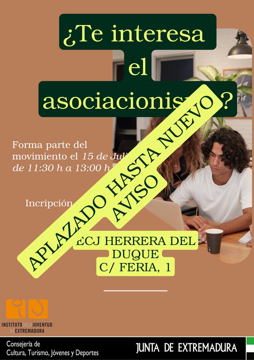 Sentimos comunicar que los talleres propuestos para el martes 15 de julio (Asociacionismo) y el jueves 17 de julio (Videoforum LGTBI+), se pospondrán hasta nuevo aviso.

Agradecemos la comprensión y estad atentos a las nuevas fechas!!!

<a href="/IJExtremadura/">IJEXtremadura</a> 
<a href="/cultura_EXT/">Cultura, Turismo, Jóvenes y Deportes</a> 
<a href="/Junta_Ex/">Junta de Extremadura</a>