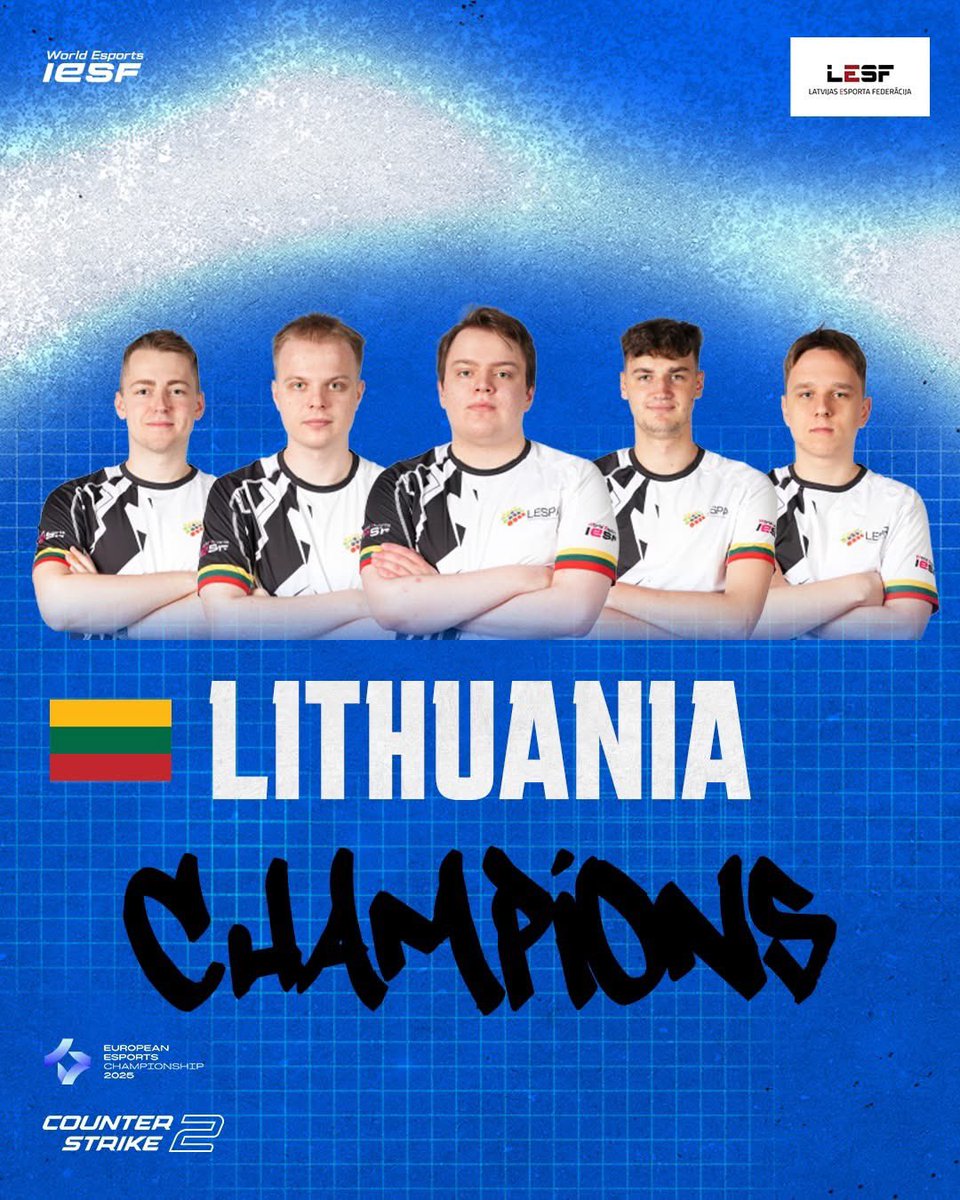 Latvian eSports Federation (@esportslatvian) on Twitter photo Apsveicam Eiropas Äempionus Counter-Strike 2 ā mÅ«su kaimiÅus un brÄļukus lietuvieÅ”us! š±š¹š
Lepojamies ar Lietuvas izlasi un viÅu E-sporta federÄciju <a href="/Lespaltu/">Lespa</a>
š„ 2. vieta ā Ukrainas izlase <a href="/uesf_ua/">Ukrainian Esports Federation</a>
š„ 3. vieta ā VÄcijas izlase <a href="/ESBD_Verband/">ESBD - E-Sport-Bund Deutschland</a> Apsveicam Eiropas Äempionus Counter-Strike 2 ā mÅ«su kaimiÅus un brÄļukus lietuvieÅ”us! š±š¹š
Lepojamies ar Lietuvas izlasi un viÅu E-sporta federÄciju <a href="/Lespaltu/">Lespa</a>
š„ 2. vieta ā Ukrainas izlase <a href="/uesf_ua/">Ukrainian Esports Federation</a>
š„ 3. vieta ā VÄcijas izlase <a href="/ESBD_Verband/">ESBD - E-Sport-Bund Deutschland</a>