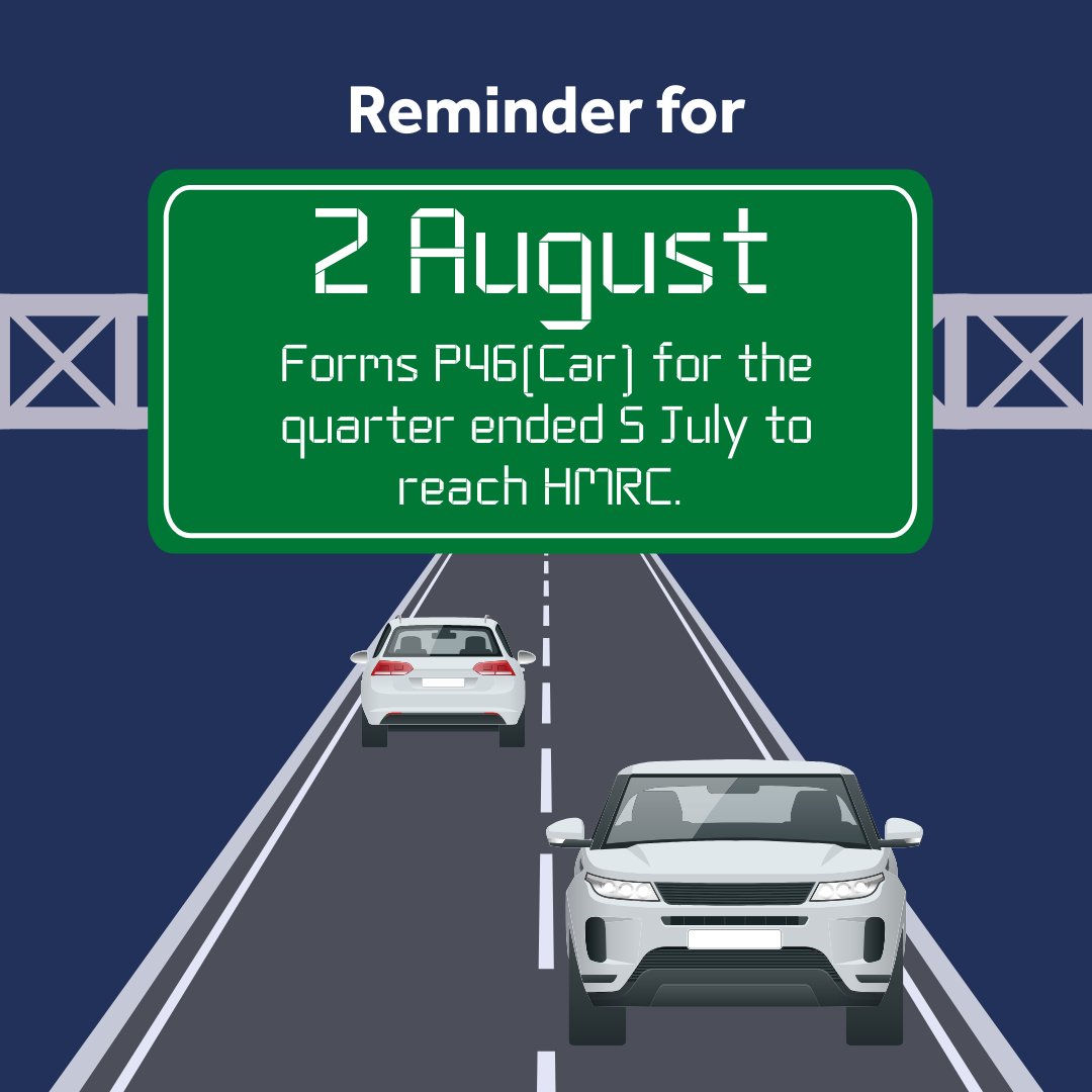 P46 (car) forms for the quarter ended 5 July (where benefits are not payrolled) must reach HMRC by 2 August.

Are you on track to meet the deadline? 📆

Contact our team for payroll assistance.

#P46 #Car
