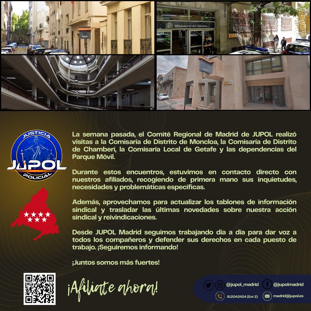 🔵 La semana pasada el Comité Regional de Madrid #JUPOL visitó Moncloa, Chamberí, Getafe y Parque Móvil 🚔

✅ Escuchamos a l@s compañer@s
✅ Recogimos sus problemas
✅ Actualizamos info sindical

¡Seguimos luchando! 💪