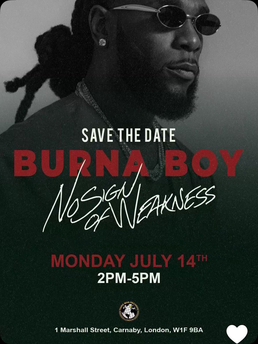 burnaboy's tweet image. Album & Vinyl Signing Today In London.
1 Marshall street, Carnaby W1F 9BA.
2pm- 5pm.
#NSOW #NOSIGNOFWEAKNESS