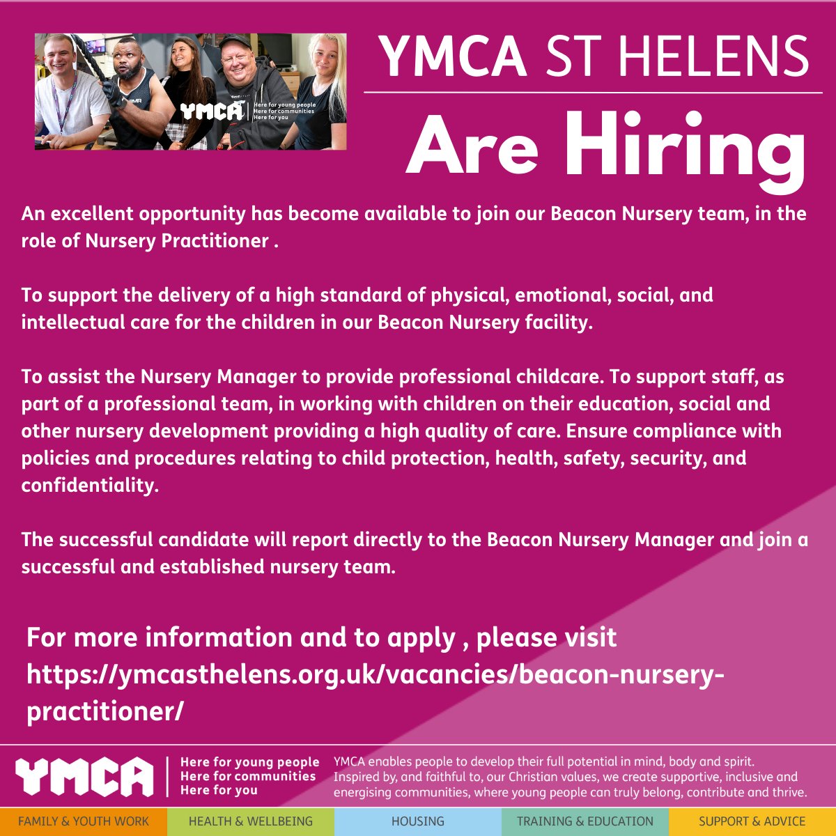 Do you enjoy helping children learn, grow and thrive in a positive environment?
We have a Nursery practitioner role available at the beacon Nursery . to apply please visit
ymcasthelens.org.uk/vacancies/beac…
#St Helens jobs#merstsidejobs#childcare#sthelensnursery jops