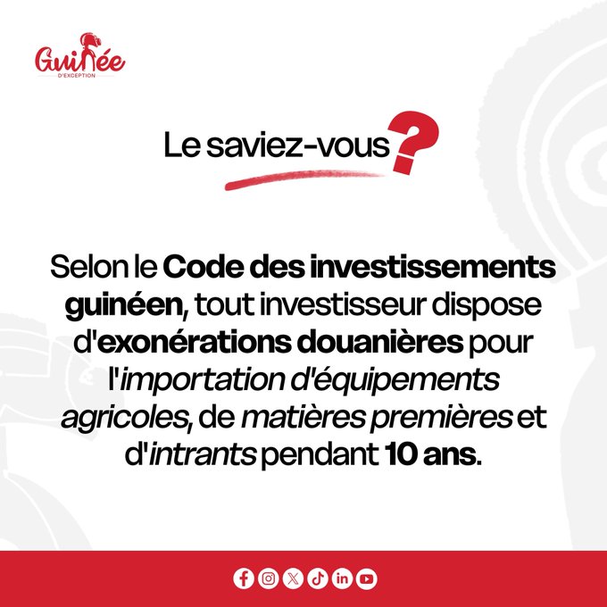 Our_Guinea's tweet photo. LeSaviezVous 12 🇬🇳 Investir en Guinée, c’est bénéficier d’un cadre attractif et incitatif.  

Le Code des investissements offre jusqu’à 10 ans d’exonérations pour stimuler l’agriculture, l’industrialisation et la transformation locale. https://t.co/mmstiVFIBD
