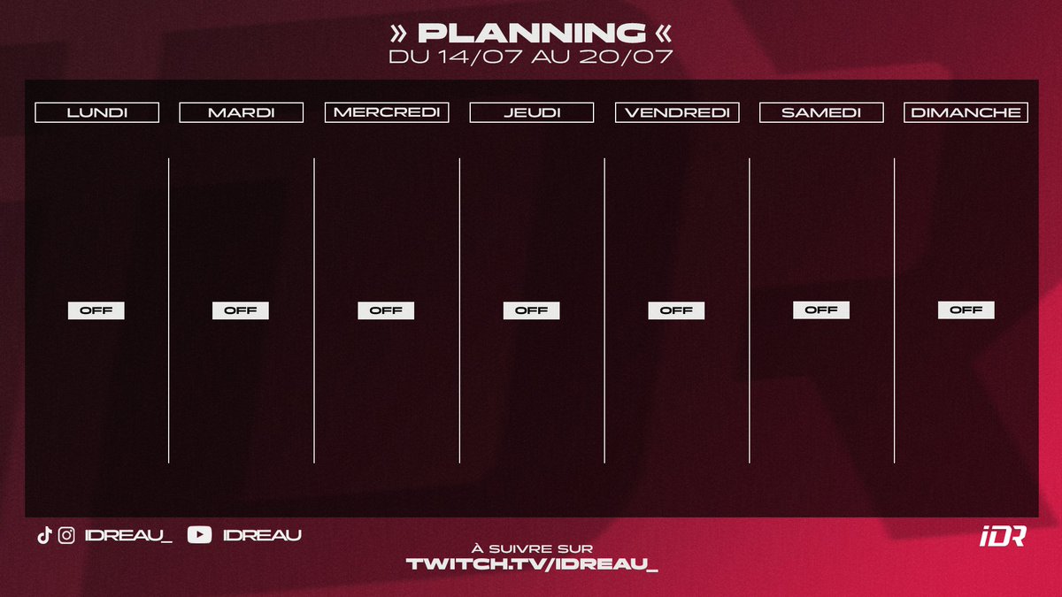 idreauTV (@idreautv) on Twitter photo 🚨 Planning de la semaine !
Après une fin de semaine de zinzin avec <a href="/LeStreamGenial/">Le Stream Génial</a> qu'on vient de passer, on se retrouve pour une semaine off pour recharger les batteries ! 🚨 Planning de la semaine !
Après une fin de semaine de zinzin avec <a href="/LeStreamGenial/">Le Stream Génial</a> qu'on vient de passer, on se retrouve pour une semaine off pour recharger les batteries !