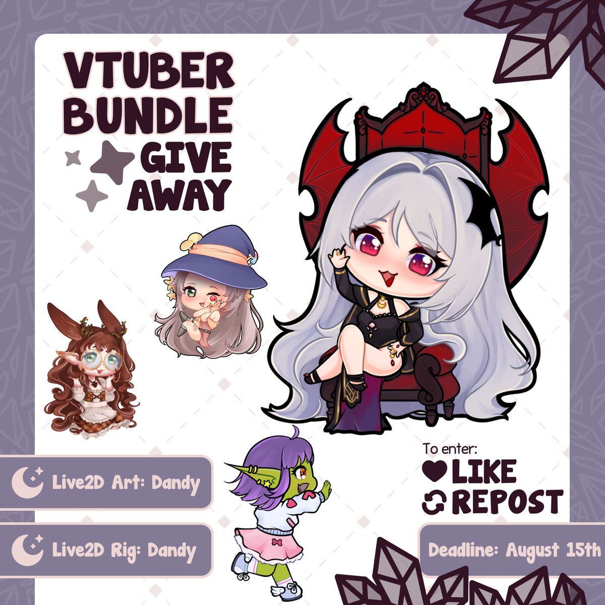 DandyVT's tweet image. ✦ Chibi VTuber Bundle Giveaway ✦
I'm looking to build my portfolio and need a sample!
1 lucky winner will get a chibi model with full art and rigging that I will start in Q2 2026
The model includes 2 toggles: Heavy Blushing and Starry eyes
If you win and want extras added…