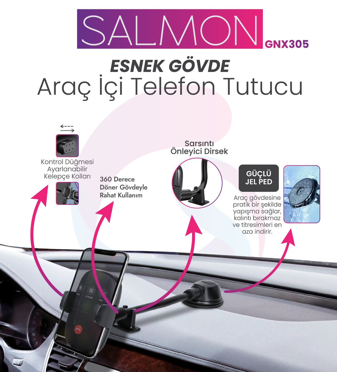 onnumaratekno's tweet photo. 🚗 Yeni SALMON GNX305 Esnek Gövdeli Araç İçi Telefon Tutucu ile sürüşlerinizi kolaylaştırın! 🔧 Ayarlanabilir kelepçe, 360° dönme, güçlü jel ped ve daha fazlası! 💪 Detaylar ve toptan satış için: https://t.co/qcjIALjYZI #Teknoloji #AraçİçiAksesuar #ToptanSatış #SEOdestekli https://t.co/XYmSTMFuxJ