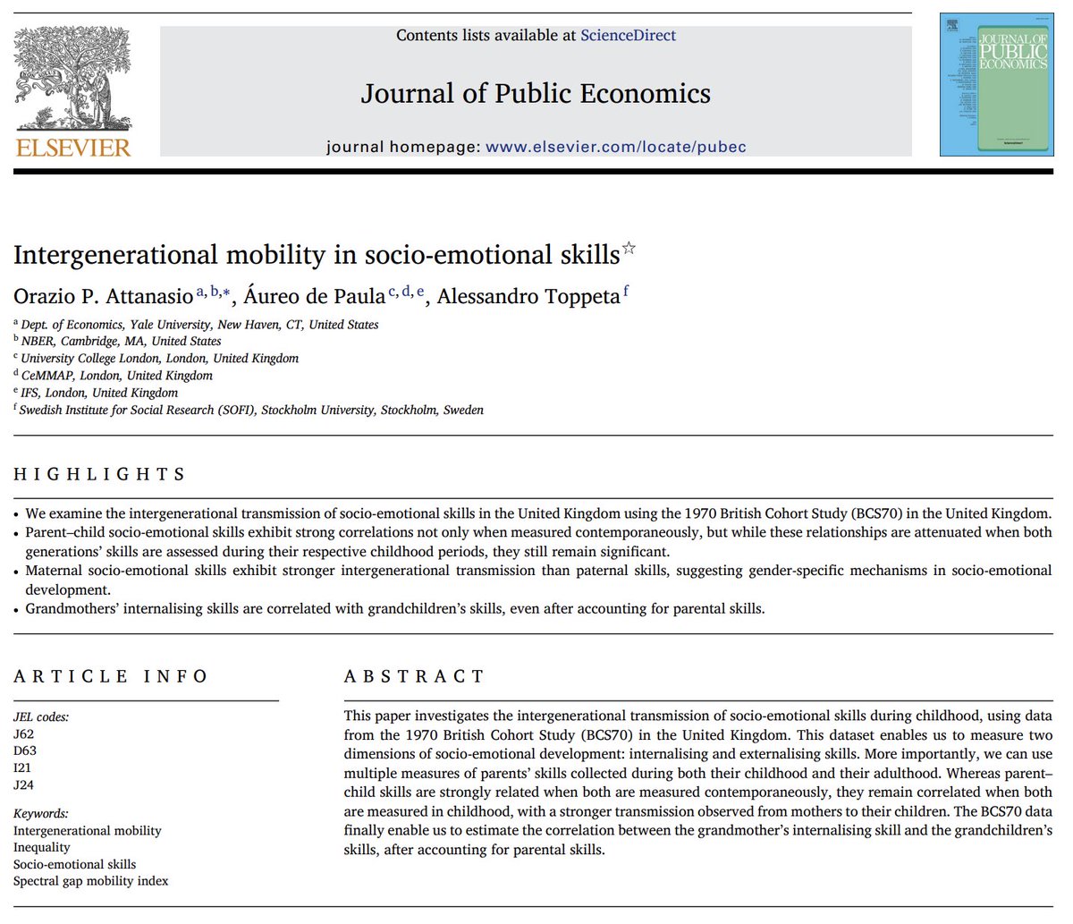 Aureo de Paula (@paulaaureo) on Twitter photo 📣 This is a (very) short thread on a recent paper with the great <a href="/orazio_at/">Orazio Attanasio</a> and Alessandro Toppeta on “Intergenerational Mobility in Socio-Emotional Skills” (forthcoming at <a href="/JPubEcon/">Journal of Public Economics</a> )! <a href="/EconUCL/">UCL Economics</a> <a href="/UCLPolicyLab/">UCL Policy Lab</a> <a href="/YaleEconomics/">Yale Department of Economics</a> <a href="/SOFI_su_se/">Swedish Institute for Social Research (SOFI)</a> <a href="/CLScohorts/">UCL Centre for Longitudinal Studies</a> 1/7 📣 This is a (very) short thread on a recent paper with the great <a href="/orazio_at/">Orazio Attanasio</a> and Alessandro Toppeta on “Intergenerational Mobility in Socio-Emotional Skills” (forthcoming at <a href="/JPubEcon/">Journal of Public Economics</a> )! <a href="/EconUCL/">UCL Economics</a> <a href="/UCLPolicyLab/">UCL Policy Lab</a> <a href="/YaleEconomics/">Yale Department of Economics</a> <a href="/SOFI_su_se/">Swedish Institute for Social Research (SOFI)</a> <a href="/CLScohorts/">UCL Centre for Longitudinal Studies</a> 1/7