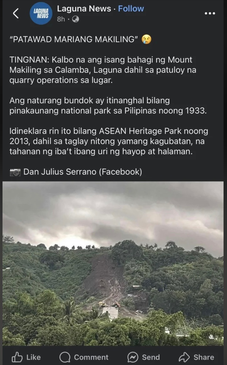 AltIndayBadiday (@altindaybadiday) on Twitter photo Kung kaya ko lang ilipat si MARIANG MAKILING SA İBANG LUGAR AT MAPROTEKTAHAN… GİNAWA KO NA!!! 😭😭😭
Kaso hindi e, TSISMOSA lang ako!
SORRY PO, MOUNT MAKILING!
Pero Quinginangño sa mga gumagago!!! Kung kaya ko lang ilipat si MARIANG MAKILING SA İBANG LUGAR AT MAPROTEKTAHAN… GİNAWA KO NA!!! 😭😭😭
Kaso hindi e, TSISMOSA lang ako!
SORRY PO, MOUNT MAKILING!
Pero Quinginangño sa mga gumagago!!!
