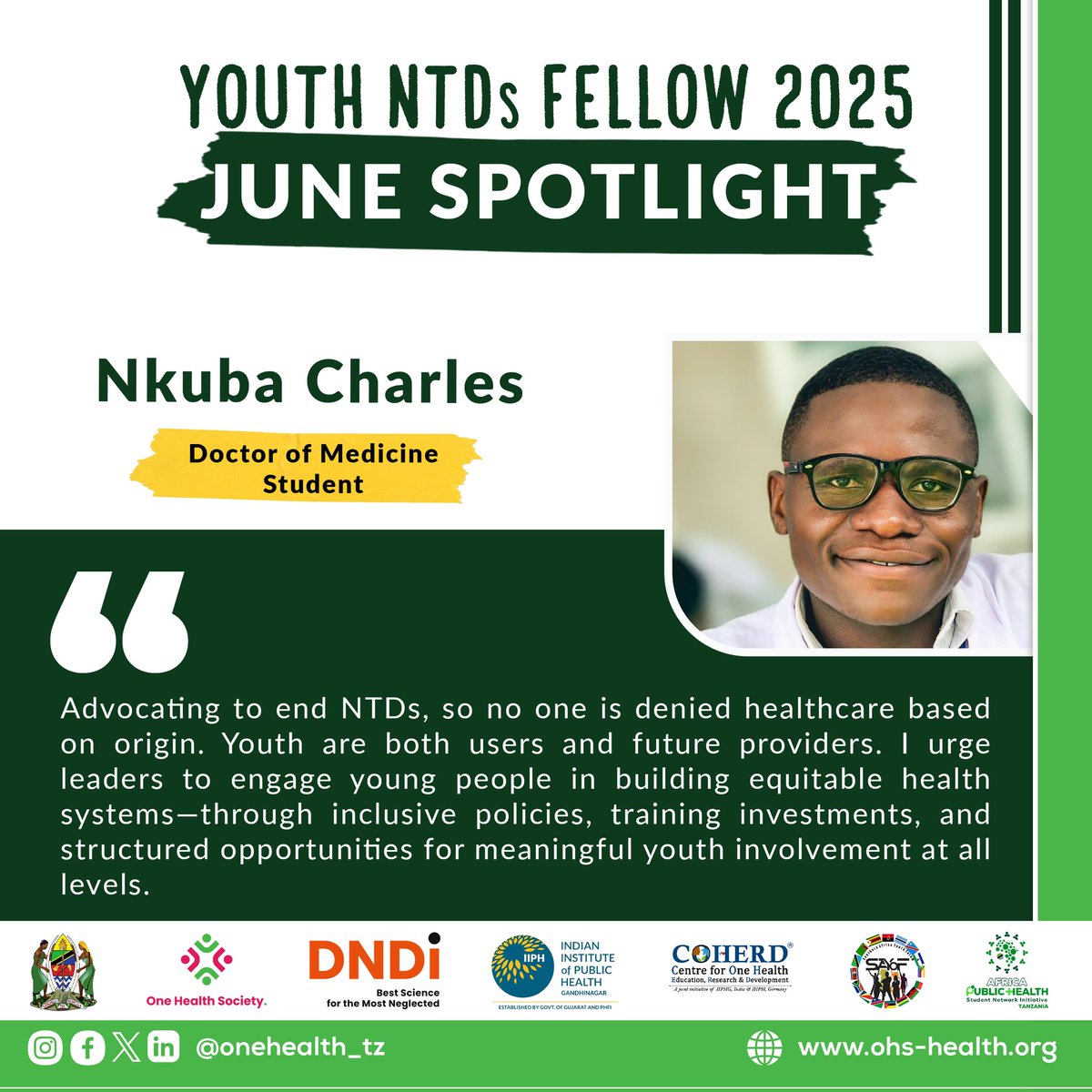 onehealth_tz's tweet photo. YOUTH NTDs FELLOW 2025 JUNE SPOTLIGHT 💥💯💥

Meet Nkuba Charles @NkubaCharlez as the Fellow spotlight for month June .

Congratulation for your highly esteemed commitment for NTDs elimination. 

#youthntdfellowship #OneHealth https://t.co/0ANe8ts2Td