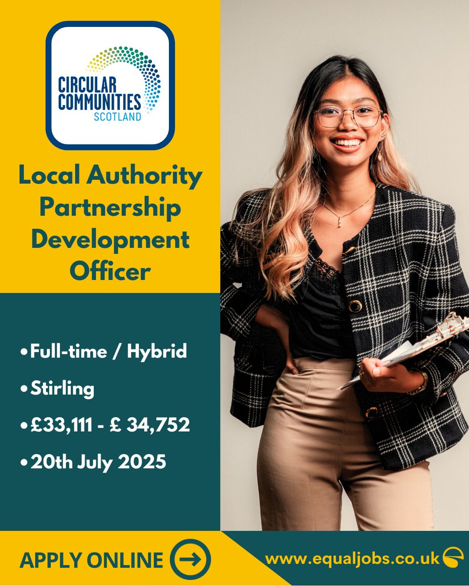 EqualJobsUK's tweet image. There’s still time to apply for the Local Authority Partnership Development Officer role at @circularcomscot.
Follow the link apply:
equaljobs.co.uk/jobs/stirling/…
#PartnershipDevelopment #CircularEconomy #ScottishLocalAuthority #Climatejobs #Environmentjobs #Jobs2025 #EthnicMinority