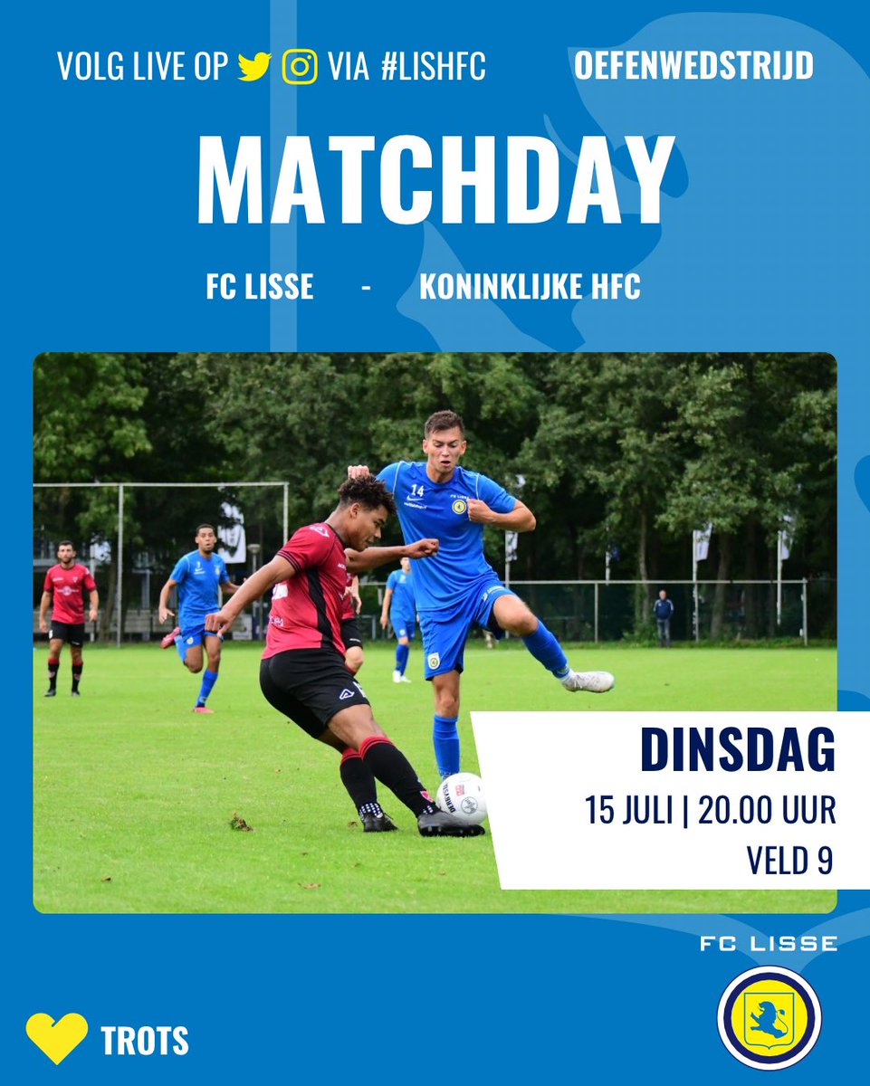 FC Lisse (@fclisse) on Twitter photo ⚽️ PRESEASON | Dinsdagavond 15 juli speelt de A-selectie de eerste oefenwedstrijd van de voorbereiding op het nieuwe voetbalseizoen 25/26. Tegenstander is Tweededivisionist <a href="/KoninklijkeHFC/">Koninklijke HFC</a> Aftrap 20.00 uur op veld 9. Toegang gratis. 🟡⚽️🔵 ⚽️ PRESEASON | Dinsdagavond 15 juli speelt de A-selectie de eerste oefenwedstrijd van de voorbereiding op het nieuwe voetbalseizoen 25/26. Tegenstander is Tweededivisionist <a href="/KoninklijkeHFC/">Koninklijke HFC</a> Aftrap 20.00 uur op veld 9. Toegang gratis. 🟡⚽️🔵