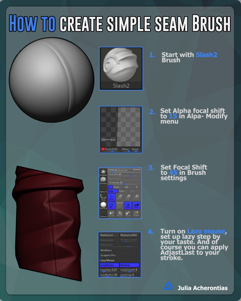 JAcherontias's tweet image. Mini tutorial how to make a stylized seam brush in ZBrush!🪡
Hope it helps someone ✨
#ZBrush #3DTutorial