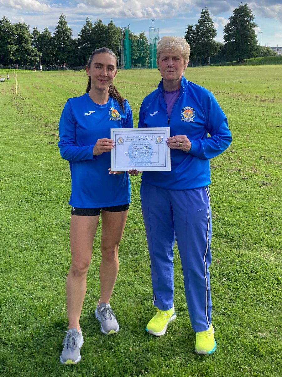 Shettleston Harriers (@shettlestonharr) on Twitter photo An Honorary Life Membership to <a href="/ShettlestonHarr/">Shettleston Harriers</a> and a first senior International call up for Brogan Wallace in recognition of her achievements this season, including the <a href="/scotathletics/">scottishathletics</a> 10K Championships title in June.
Well done Brogan and good luck in Antrim. An Honorary Life Membership to <a href="/ShettlestonHarr/">Shettleston Harriers</a> and a first senior International call up for Brogan Wallace in recognition of her achievements this season, including the <a href="/scotathletics/">scottishathletics</a> 10K Championships title in June.
Well done Brogan and good luck in Antrim.