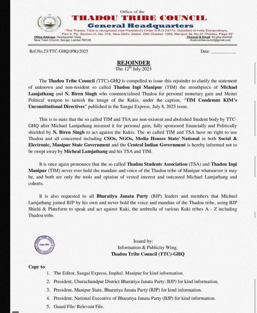 Manipur : The Thadou Inpi Council, GHQ, has refuted claims made by Thadou Inpi Manipur, stating that TIM and TSA don't represent the Thadou tribe's interests. Instead, they claim TIM &amp; TSA serve as mouthpieces for Michael Lamjathang and N.Biren Singh.
<a href="/IndiaTodayNE/">India Today NE</a> <a href="/Navinupadhya/">Navin Upadhyay</a>