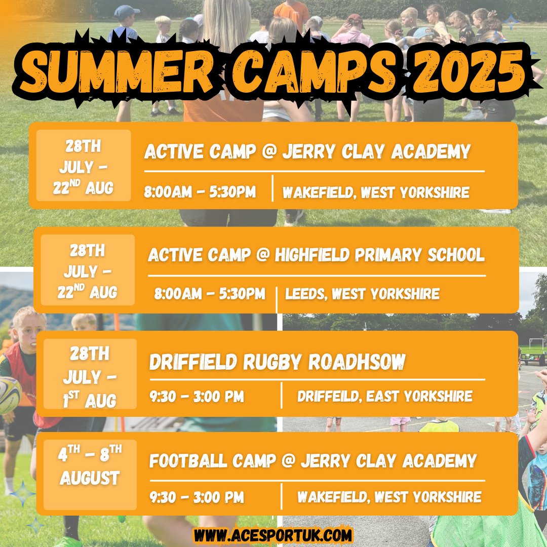 🌞 Keep your kids active, happy &amp; screen-free this summer!
🏃‍♂️ Sports, fun &amp; friendships await at our 2025 Summer Camps in Wakefield, Leeds &amp; Driffield!
📅 28 July – 22 Aug
👉 Book now: acesportuk.com

#SummerCamp2025 #ActiveKids #YorkshireParents #ACamps #KidsCampUK