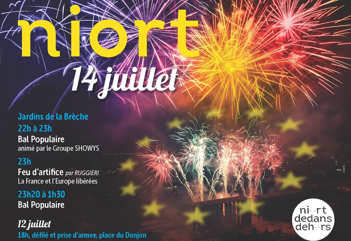 [Fête nationale 🇲🇫] Le feu d'artifice maintenu à #Niort. RV ce soir à 23h dans les jardins de la Brèche. Dès 22h, bal populaire qui se poursuivra de 23h20 à 1h30.
Plus d'infos sur la soirée + les conditions de circulation/stationnement autour de la Brèche  vivre-a-niort.com/actualites/age…