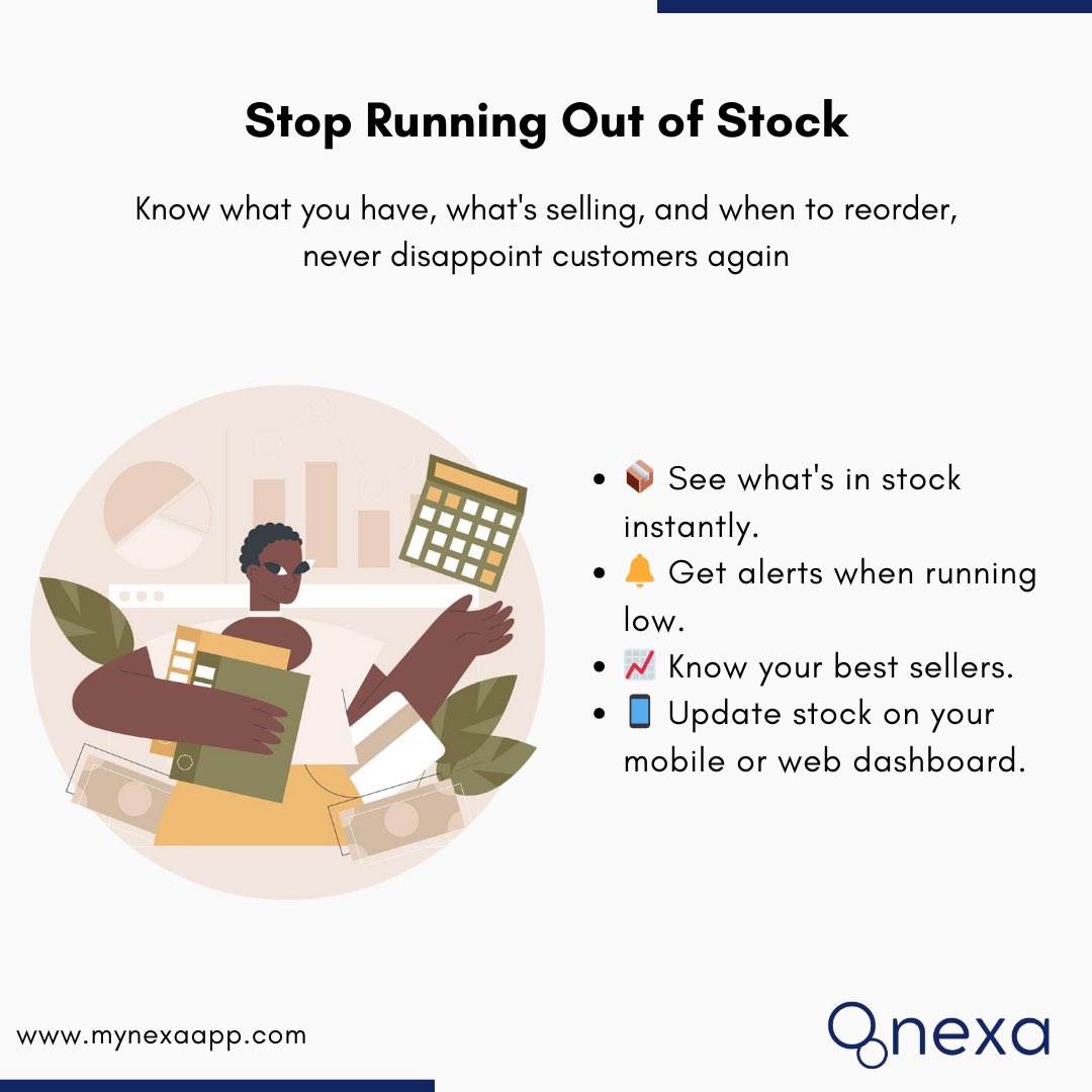 mynexaapp's tweet image. Tired of telling customers “we’re out of stock”? 😔📦
Nexa keeps track of your inventory so you always know what you have. Get alerts when running low and never lose a sale again!
Keep customers happy!
Start FREE! 👇🏾
Link in bio or visit: dashboard.mynexaapp.com/register
#MyNexaApp
