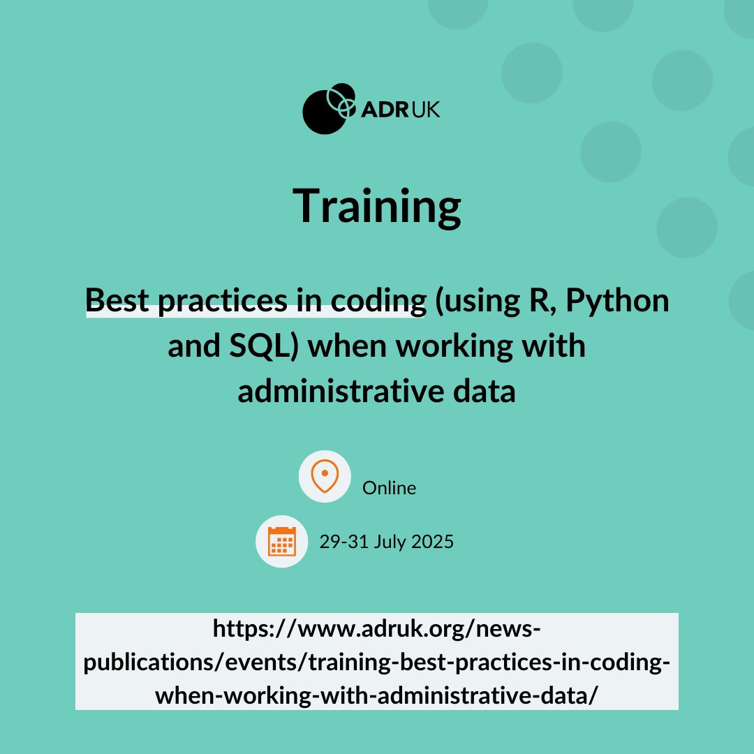 adr_uk's tweet image. 👩💻 New to #coding with admin data?
Join us online 29–31 July for a hands-on intro to coding in R, Python & SQL - plus a session on AI in coding.
Organised by ADR UK & @NCRMUK.
adruk.org/news-publicati…