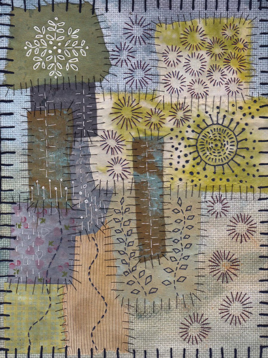 JoannaHartist's tweet image. Simple stitching on painted and natural-dyed fabric collage. 

.. 

#recycledfabric #naturaldye #marigoldplantdye #paintedfabric #textilecollage #textileart #simpleembroidery #handstitching #slowstitching #stitchtherapy #texturedart