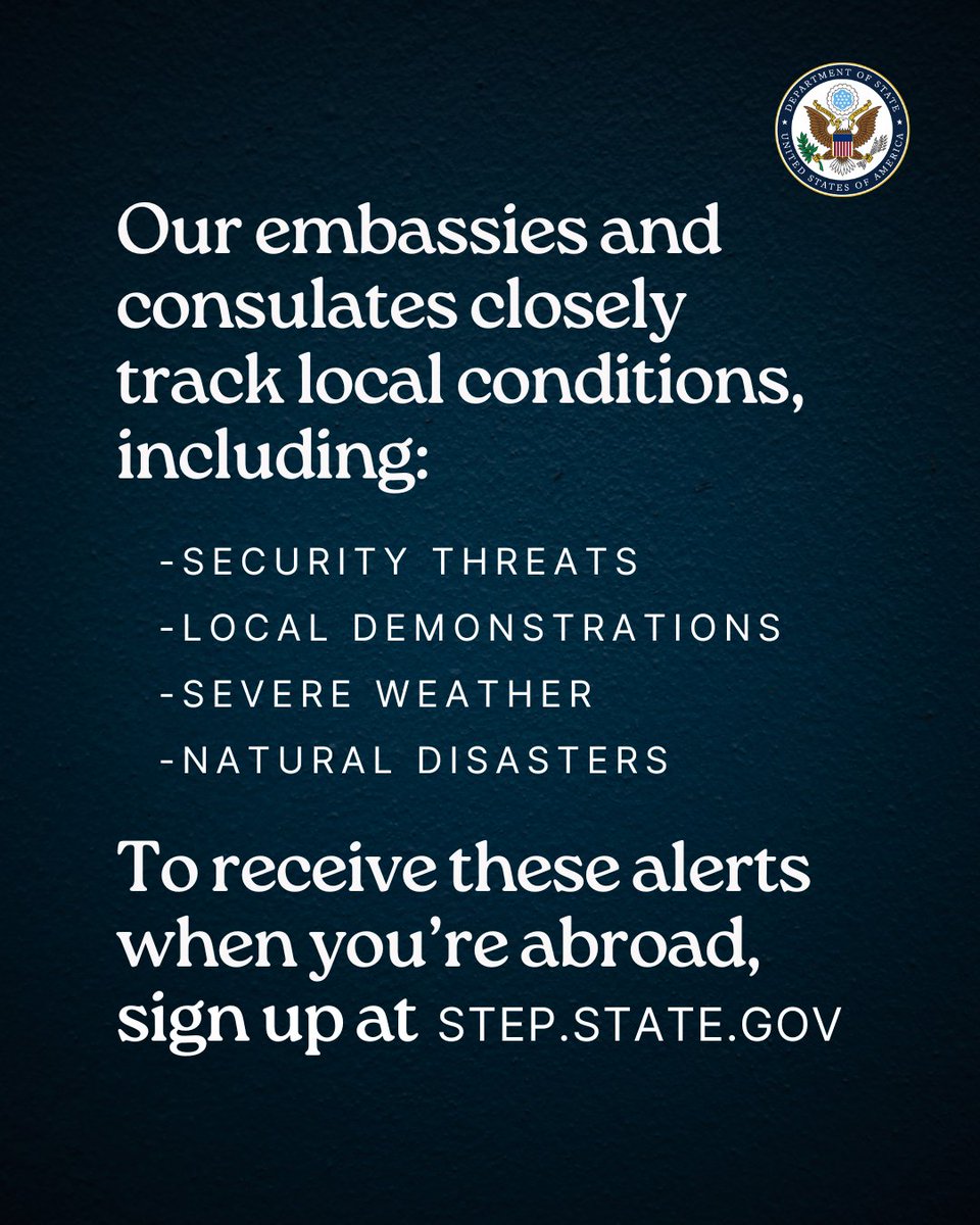 USAndMumbai's tweet image. 📢 Attention U.S. Citizens in India! 🌏
You can’t control the weather or a crisis situation, but you can make sure you’re prepared for one! 🌪️🌊🌀 Stay informed, stay safe! 💪
Follow these tips:
Check the latest travel advisory information at travel.state.gov/destination.
Sign up…