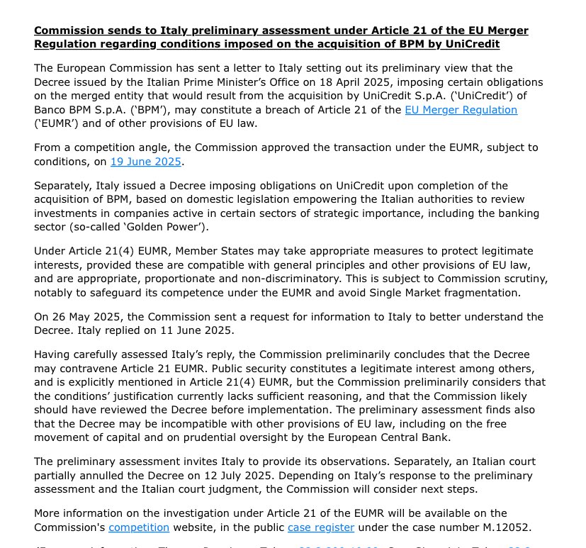 🚨 La Commissione ritiene che il governo violi le regole dell’Ue con il golden power sull’acquisizione di BPM da parte di UniCredit.