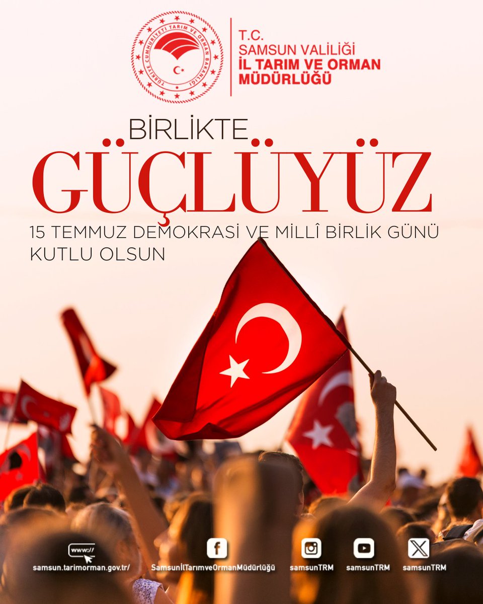 Samsun İl Tarım ve Orman Müdürlüğü (@samsuntrm) on Twitter photo Milletimizin iradesine, demokrasimize ve bağımsızlığımıza sahip çıktığı 15 Temmuz’un yıl dönümünde; şehitlerimizi rahmetle, gazilerimizi minnetle anıyoruz.
#15Temmuz #DemokrasiVeMilliBirlikGünü 🇹🇷
<a href="/TCTarim/">T.C. Tarım ve Orman Bakanlığı</a>
<a href="/SamsunTRM/">Samsun İl Tarım ve Orman Müdürlüğü</a>
<a href="/ibrahimsaglam46/">İbrahim SAĞLAM</a> Milletimizin iradesine, demokrasimize ve bağımsızlığımıza sahip çıktığı 15 Temmuz’un yıl dönümünde; şehitlerimizi rahmetle, gazilerimizi minnetle anıyoruz.
#15Temmuz #DemokrasiVeMilliBirlikGünü 🇹🇷
<a href="/TCTarim/">T.C. Tarım ve Orman Bakanlığı</a>
<a href="/SamsunTRM/">Samsun İl Tarım ve Orman Müdürlüğü</a>
<a href="/ibrahimsaglam46/">İbrahim SAĞLAM</a>