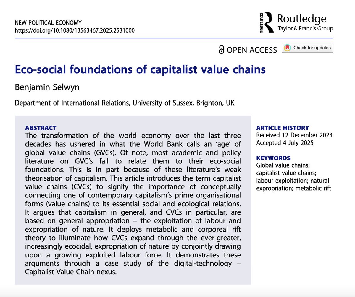 Another SI contribution now out! 

Ben Selwyn on capital's appropriation of the living world, through the conjoined exploitation of labour and extraction of nature, exacerbated through the restructuring of global production around capitalist value chains.

tandfonline.com/doi/full/10.10…