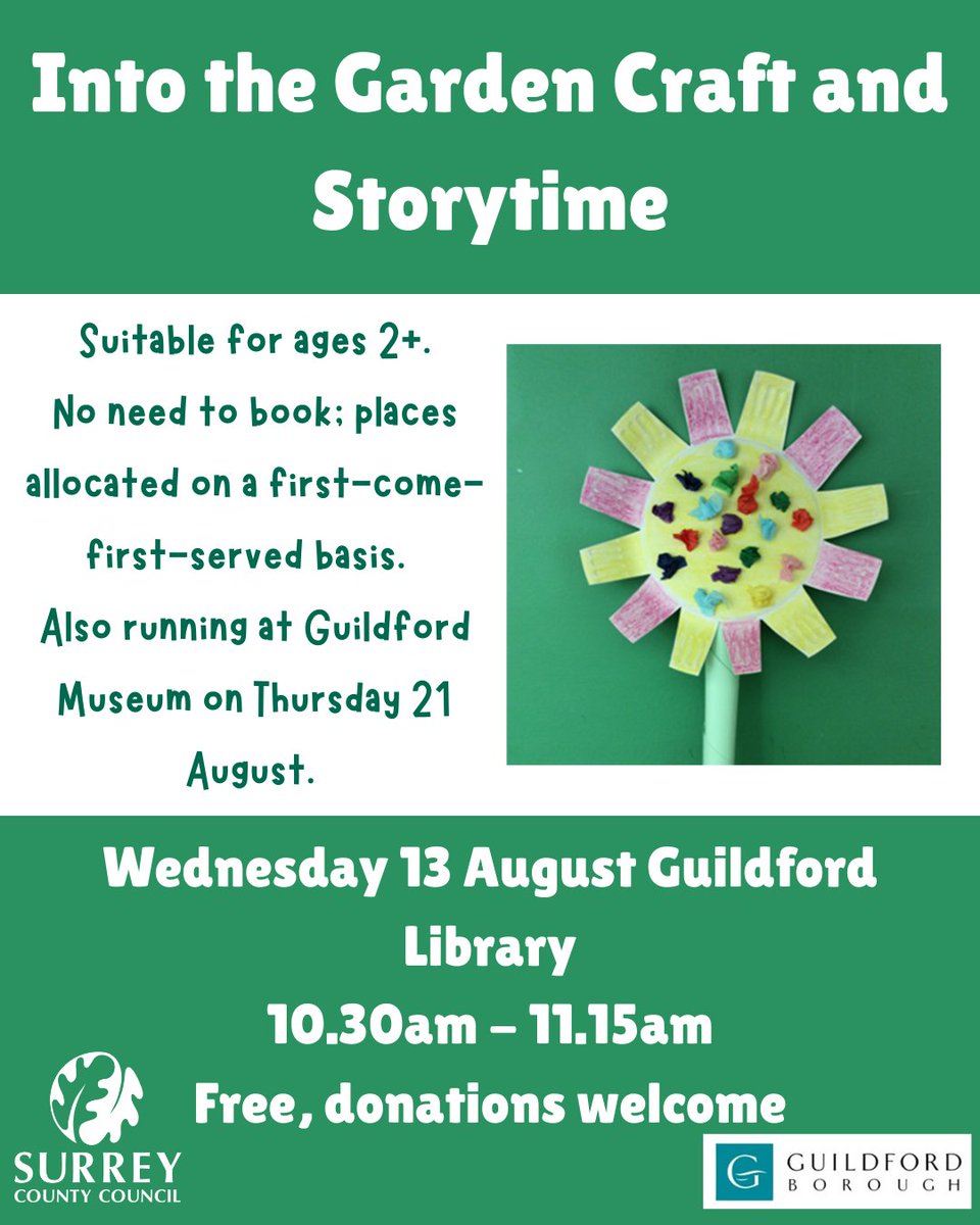 Storytime and craft at the library on Wednesday 13th of August. In partnership with #guildfordmuseum 
Free, ages 2+
10.30am-11.15am
