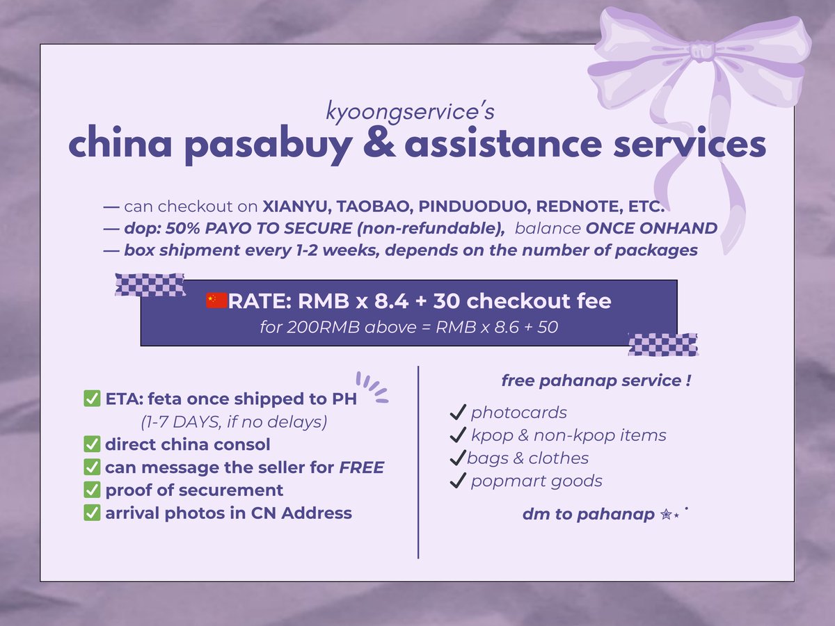 ִ𐙚  welcome to kyoongservice  𝜗𝜚 ࣪˖ ִ

🧾 #kyoong_secured   
🛒: #kyoongclaims
ℹ️: #kyoongs_upd
💌: #thnxbaek   
🚛: #kyoongarrivals

loc — manila
mop — gcash, maya
mod —  j&amp;t, sdd

♡ t&amp;c : kyoongiecartz.carrd.co
📋 : tinyurl.com/kyoongservice