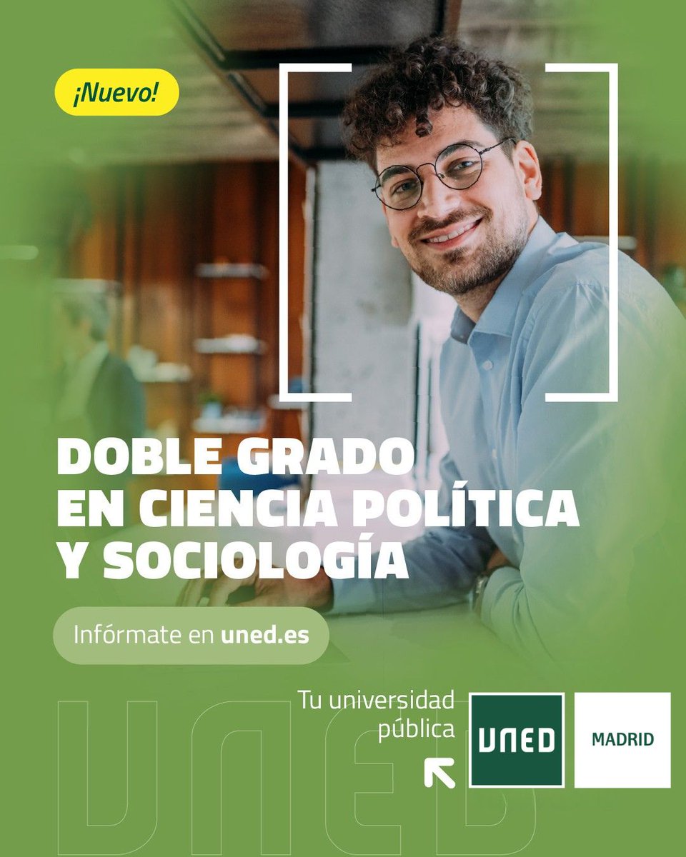 UNEDMadrid's tweet image. 📣¡Nuevo Doble Grado en Ciencia Política y Sociología en la UNED!
Analiza e interpreta la realidad social y política desde una mirada crítica y global.
📚 Fórmate para intervenir en investigación, análisis político o cooperación internacional.
ℹ️ Más info: uned.es/universidad/in…