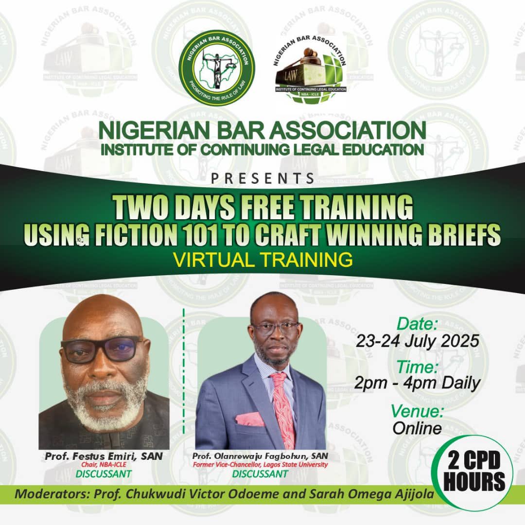 Etaba_agbor's tweet image. NBA ICLE Training: Using Fiction 101 to Craft Winning Briefs
Dear colleagues,
Join us for a 2-day online training on:
📝 Using Fiction 101 to Craft Winning Briefs
📅 Date: 23–24 July 2025
🕑 Time: 2-4pmDaily
📍 Venue: Zoho (link shared to email upon registration)
Course Fees:…
