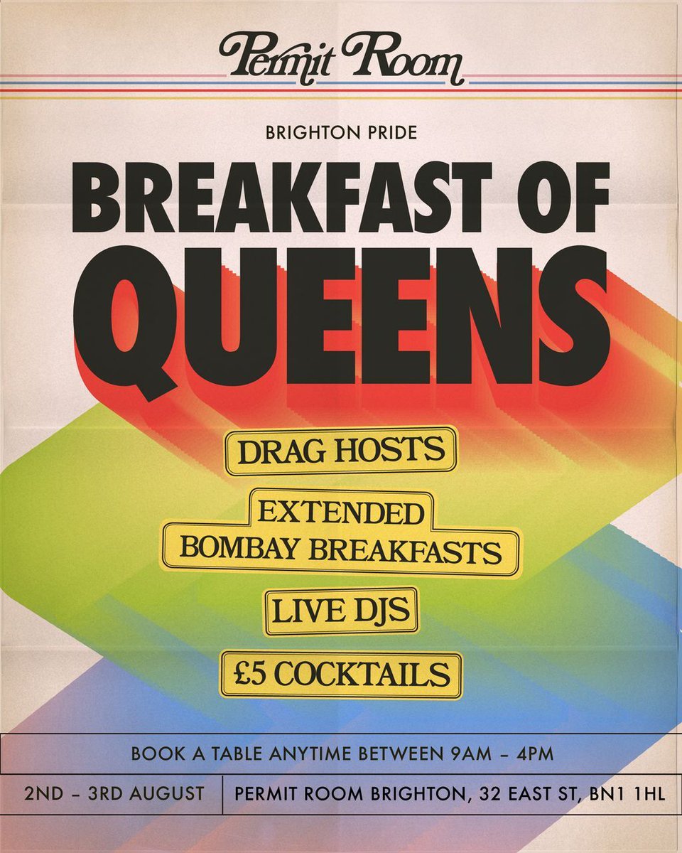 Party this #BrightonPride with a weekend of extended breakfasts, wallet-happy cocktails, DJs and top drag talent at Dishoom Permit Room🪩 

Find out more &amp; book: brilliantbrighton.com/food-and-drink… 

Visit the Brighton restaurant at 32 East St