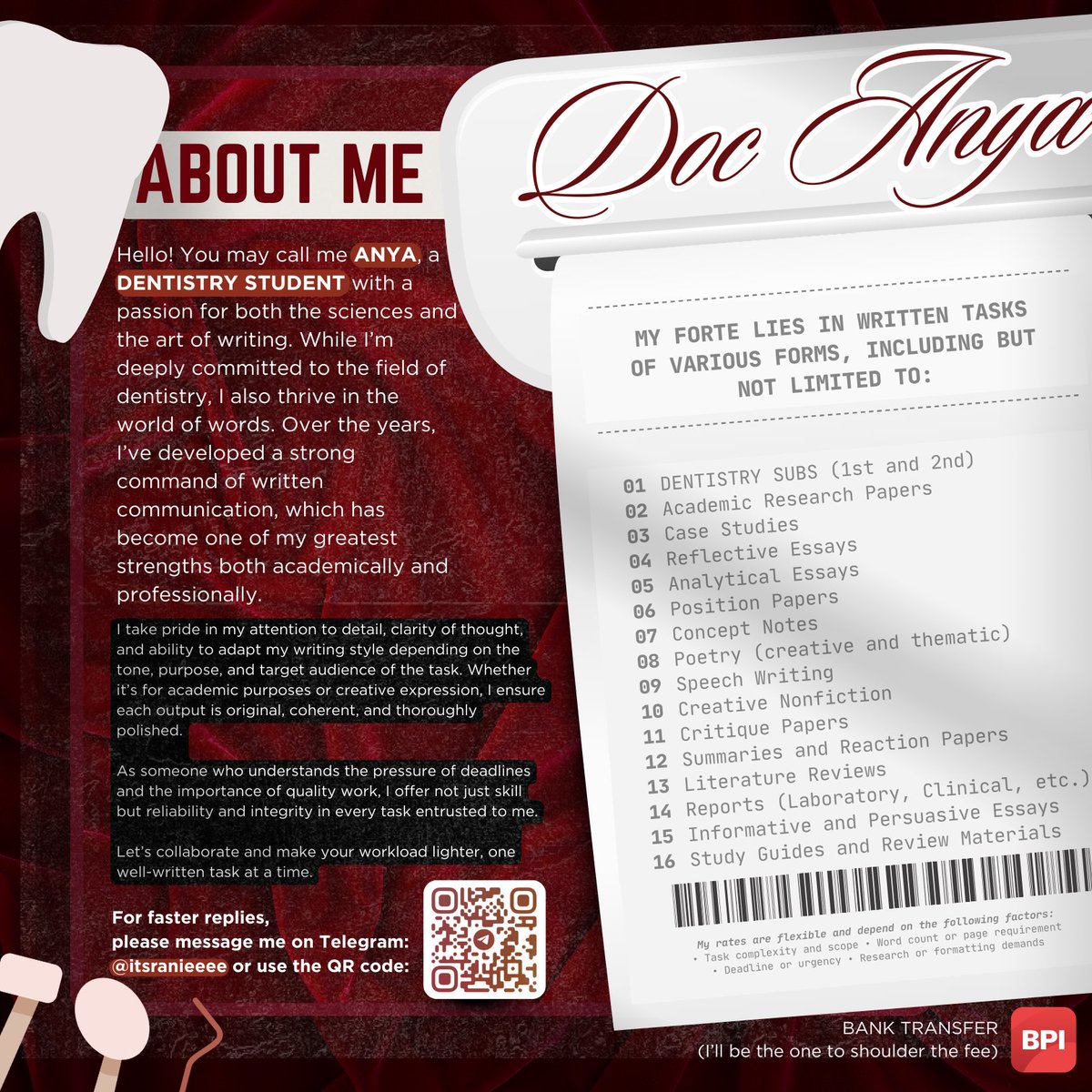 docanyahelps's tweet image. Hello this is Doc A! 💋

Got a deadline? I’ve got the pen. From dental subs to creative pieces, I turn stress into smooth writing. Let’s make your work stand out effortless, sharp, and on point. 

For more, kindly slide on my dm! 💃🏻

Thank you for reading :)