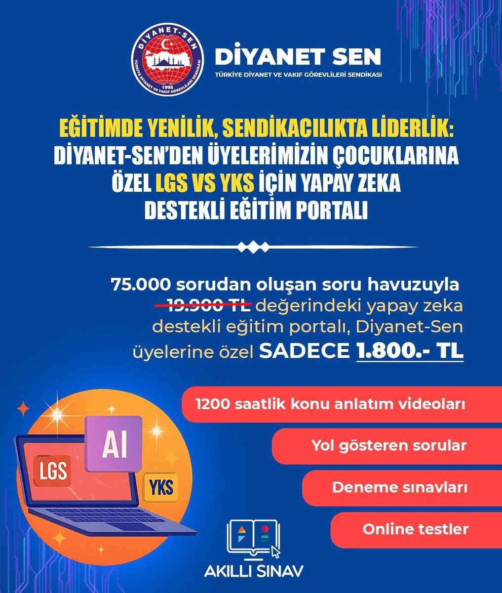 📍Geçtiğimiz yıl yoğun ilgi gören LGS ve YKS sınavları için yapay zeka destekli (Akıllı Sınav) anlaşmamızı 2026 yılı içinde yeniledik.

✅Güncellenen içerik ve videolarla yeni ilave edilen binlerce sorular ile toplamda 75 bin soru havuzuyla kaliteli eğitime uygun fiyatla ulaşma