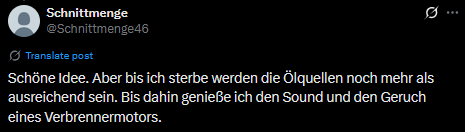 Anna Rosa Brito (@annarosabrito) on Twitter photo RÜCKSICHTSLOSIGKEIT HAT EINEN NAMEN:
<a href="/Schnittmenge46/">Schnittmenge</a>
Natürlich will er weiter lärmen und stinken; Menschen, die an viel befahrenen Strassen wohnen krank machen und töten.
Natürlich will er, dass Menschen nachts nicht mit offenen Fenstern schlafen können, weil Motoren aufheulen. RÜCKSICHTSLOSIGKEIT HAT EINEN NAMEN:
<a href="/Schnittmenge46/">Schnittmenge</a>
Natürlich will er weiter lärmen und stinken; Menschen, die an viel befahrenen Strassen wohnen krank machen und töten.
Natürlich will er, dass Menschen nachts nicht mit offenen Fenstern schlafen können, weil Motoren aufheulen.