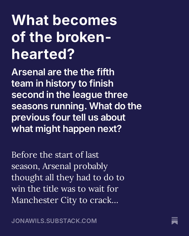 Arsenal last season became the fifth side in history to finish second for a third successive season. What lessons can they draw from the previous four?