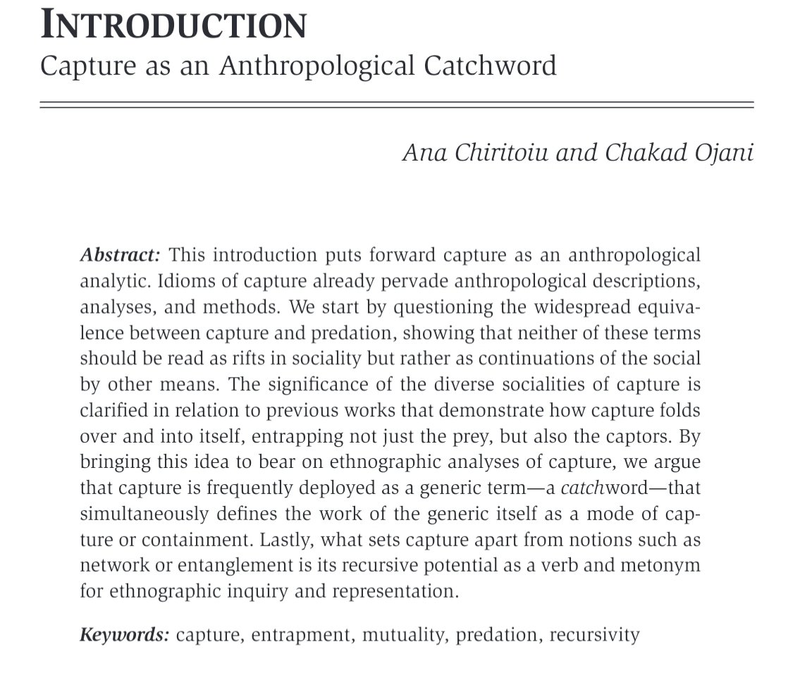 Our special issue on Anthropologies of Capture is finally here -- co-edited with Ana Chiritoiu and published with Social Analysis!! This issue has been a long time in the making, and I'm thrilled to see it out in the world. Read the introduction here: doi.org/10.3167/sa.202…