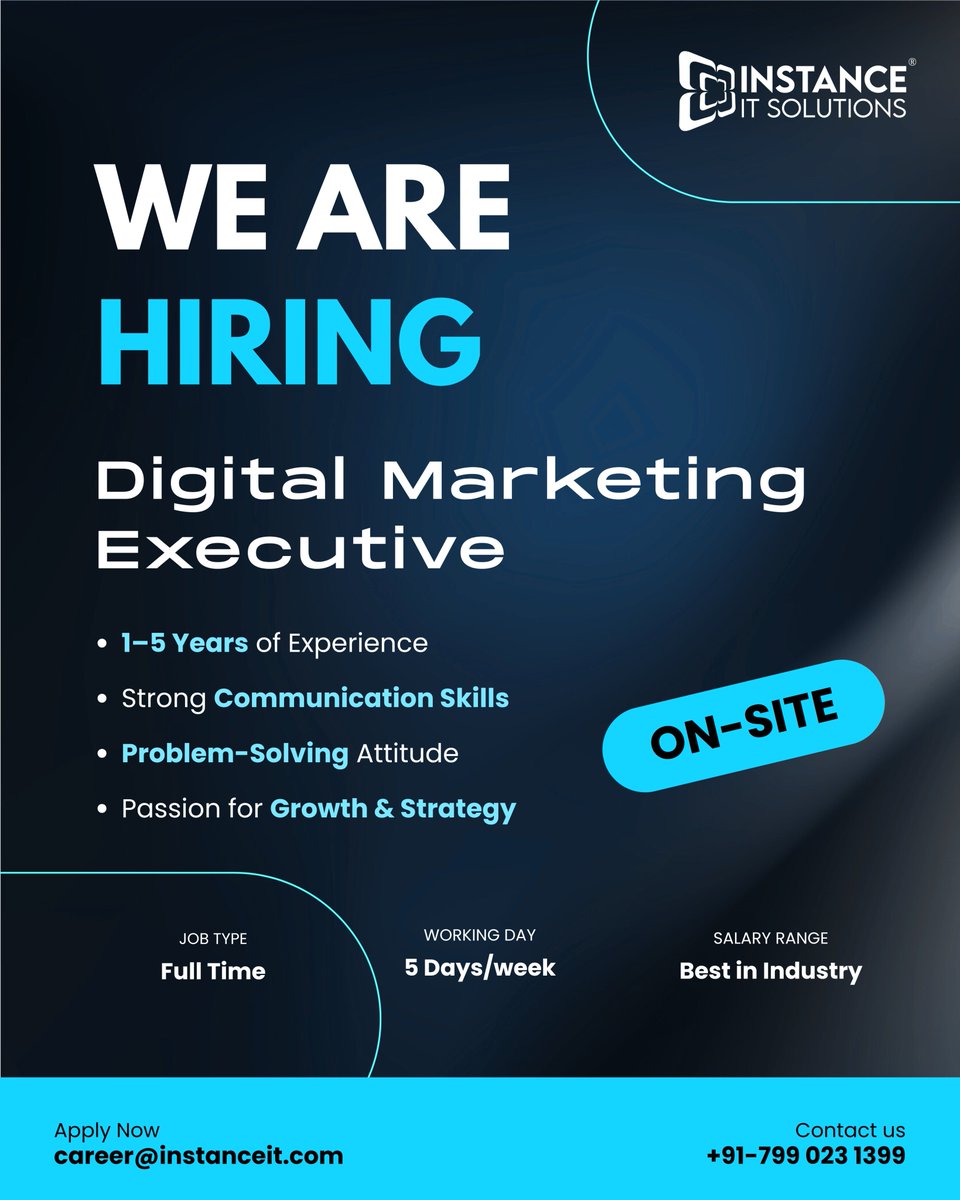 instance_it's tweet image. 📢 We are hiring We’re hiring a Digital Marketing Executive 

🎯Skills: Communication • Problem Solving • Growth Strategy

📧 Apply now at career@instanceit.com
📞 Call: +91 799 023 1399

#DigitalMarketingJobs #WeAreHiring #InstanceITSolutions #MarketingCareers #SuratJobs