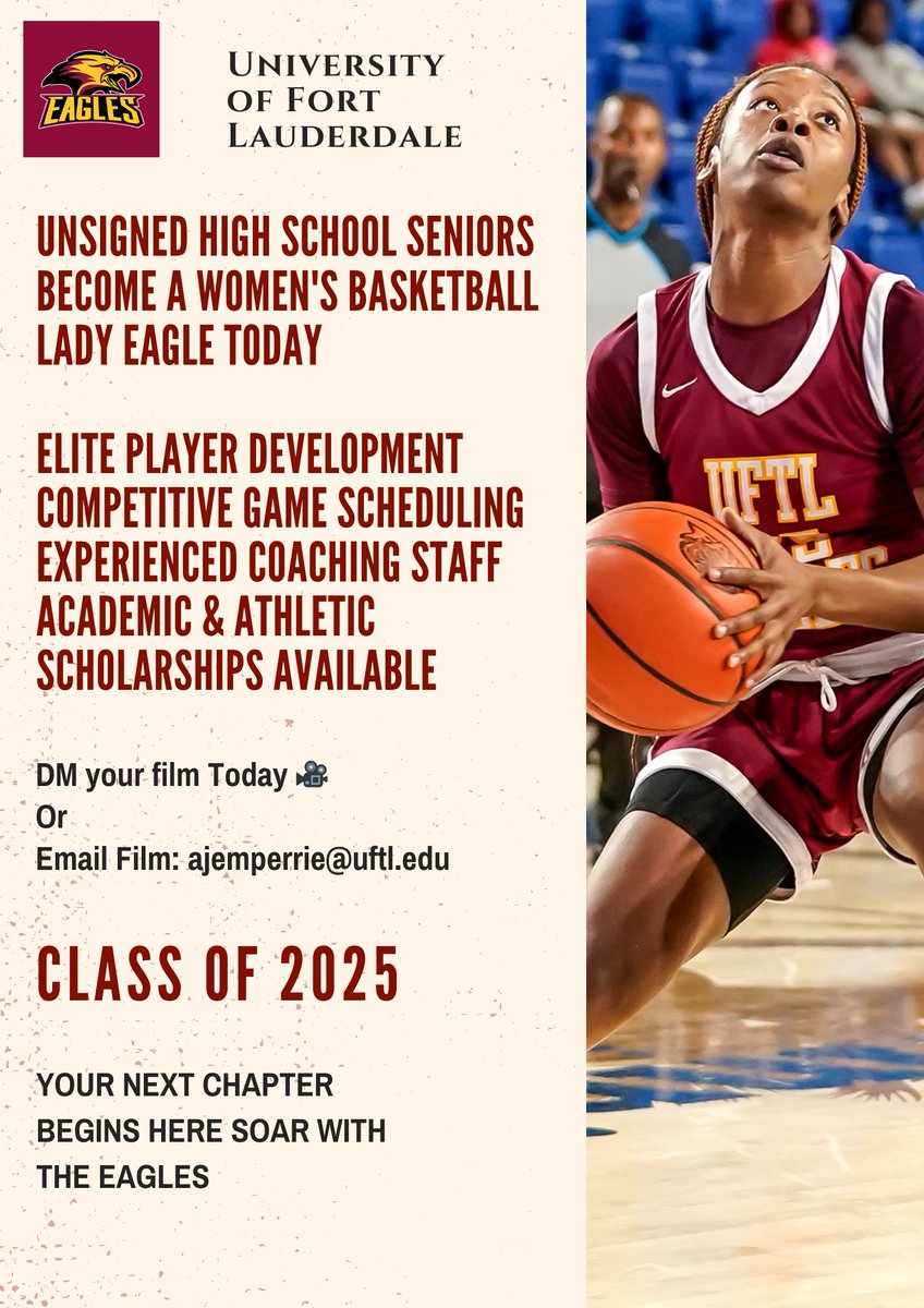 AJemperrie's tweet image. 2025 Unsigned Senior Prospects
UFTL Women's Basketball
馃彌: Christian Institution
馃帗: 4 Year Degree Programs
馃摎: Scholarship Availability
馃弨: Experienced Coaching Staff
馃弨: Competitive Game Scheduling
馃弨: Elite Player Development
DM Prospect Info or
馃摡 ajemperrie@uftl.edu