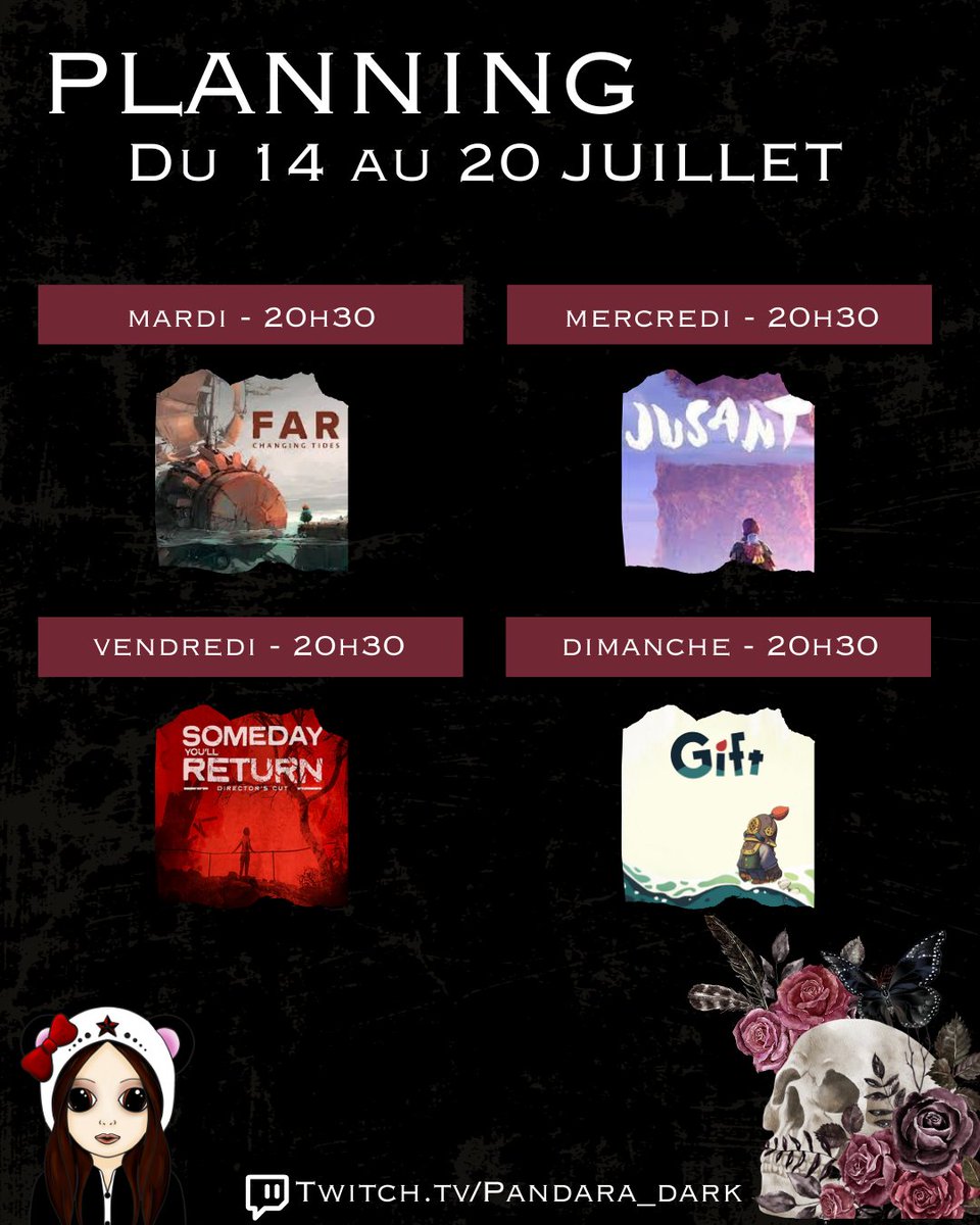 🗓️Planning 14 au 20 juillet🗓️

⛵️Mardi 20h30 : Suite #FarChangingTides

🪢 Mercredi 20h30: #Jusant

👻Vendredi 20h30: #Somedayyoullreturn

🫧 Dimanche 20h30 : #gift 

#indiegames #twitchstreamer