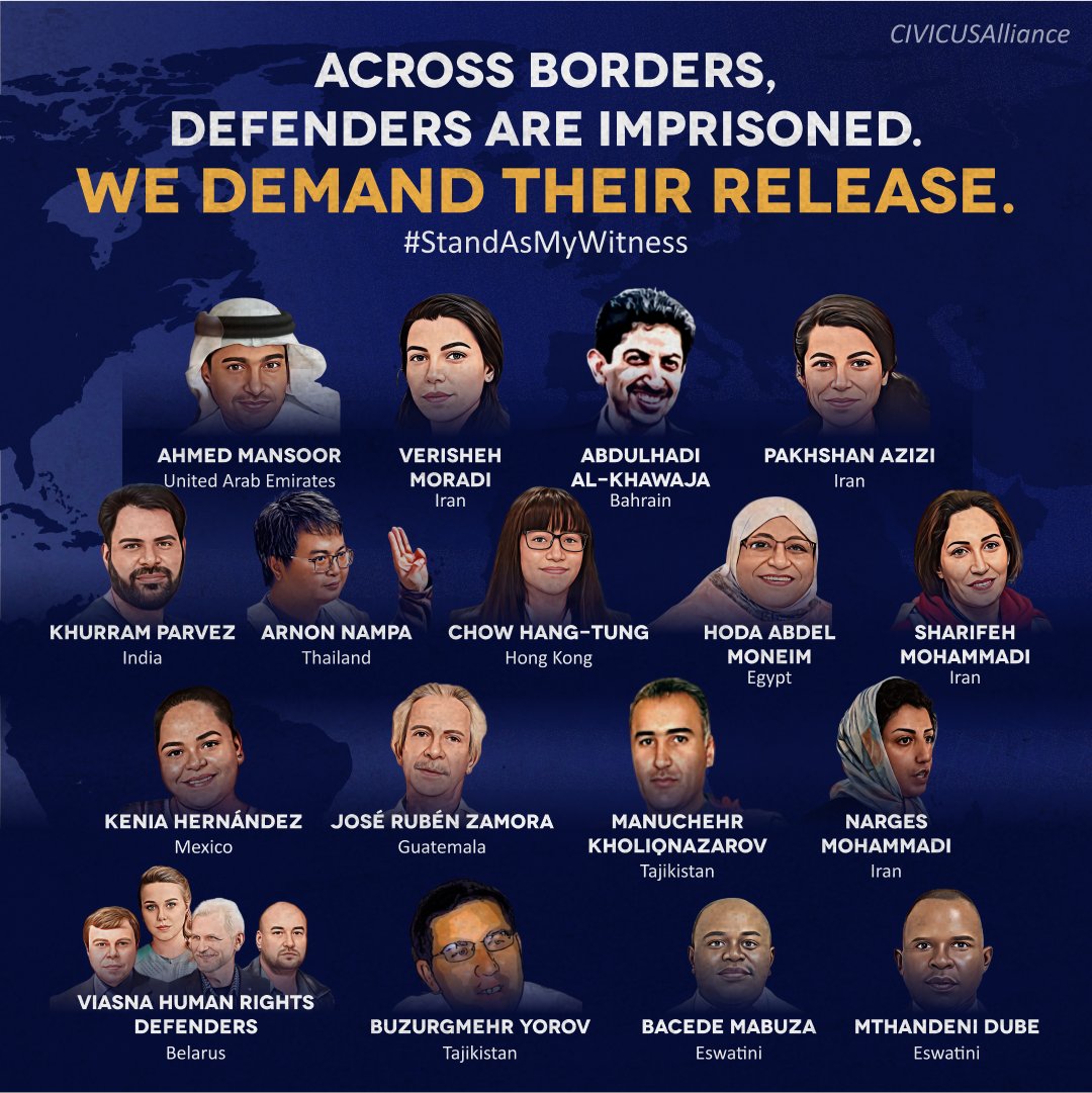 In a just world, defending human rights should be celebrated, not criminalised. Yet many activists are imprisoned for standing up for justice. 

Join us in calling for their release 
➡️web.civicus.org/standasmywitne…

#StandAsMyWitness #DefendDefenders
#FreeThemAll